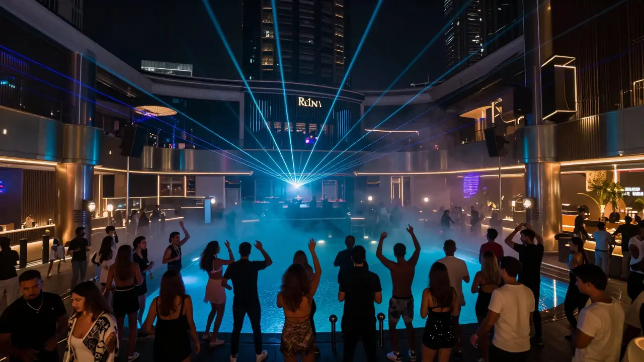 Nightclub with neon lasers and dancing crowd around a pool, vibrant and energetic atmosphere.
