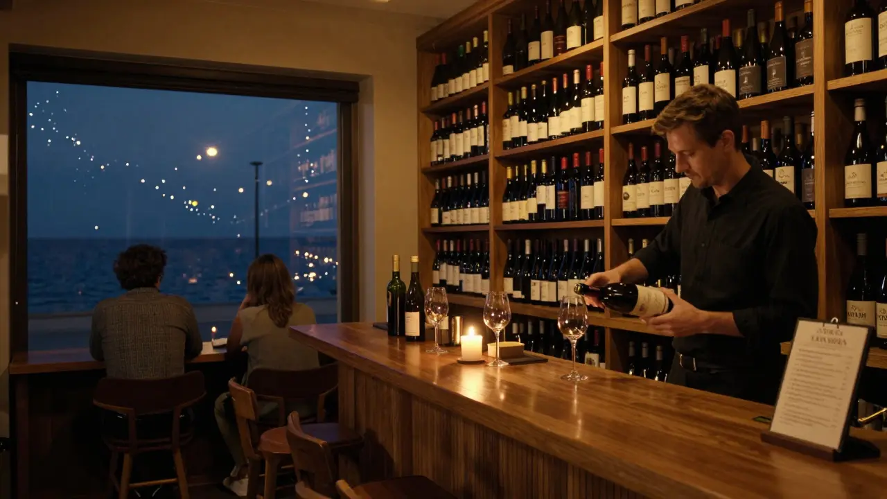 Quiet wine bar with wooden shelves and couple by the window, soft light reflecting on the sea at night.
