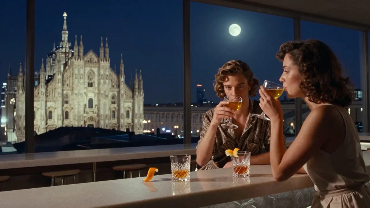 Rooftop bar with panoramic Milan skyline at night, couple sipping cocktails by floor-to-ceiling windows.