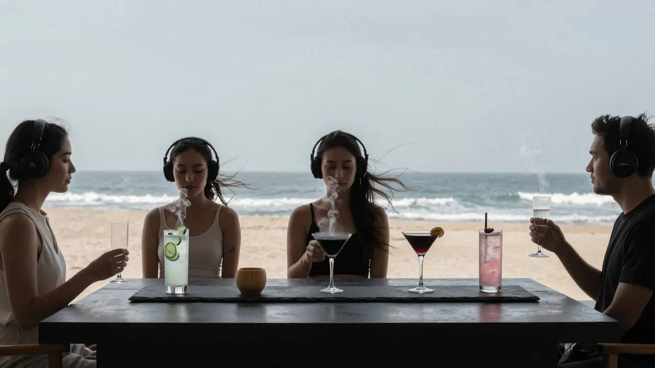 Silent bar with guests wearing headphones, sipping cocktails in serene monochrome surroundings.