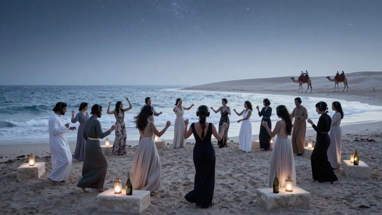 Silent disco guests dance under stars at the cove, lanterns glowing, waves nearby, with a camel carrying musicians in the distance.