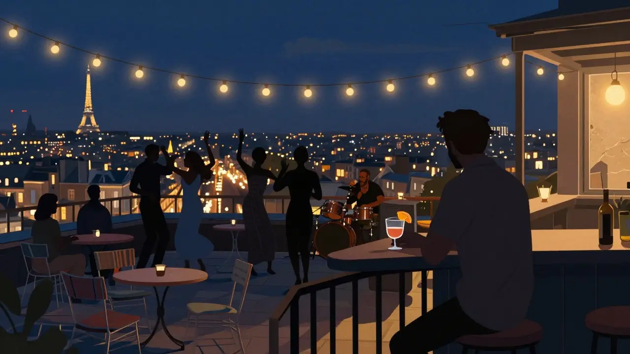 Silhouettes dancing on a Paris rooftop at night, vermouth in hand, city lights glowing behind them.