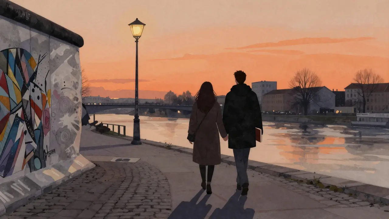Silhouettes of two people walking hand-in-hand along the Spree River at dusk.