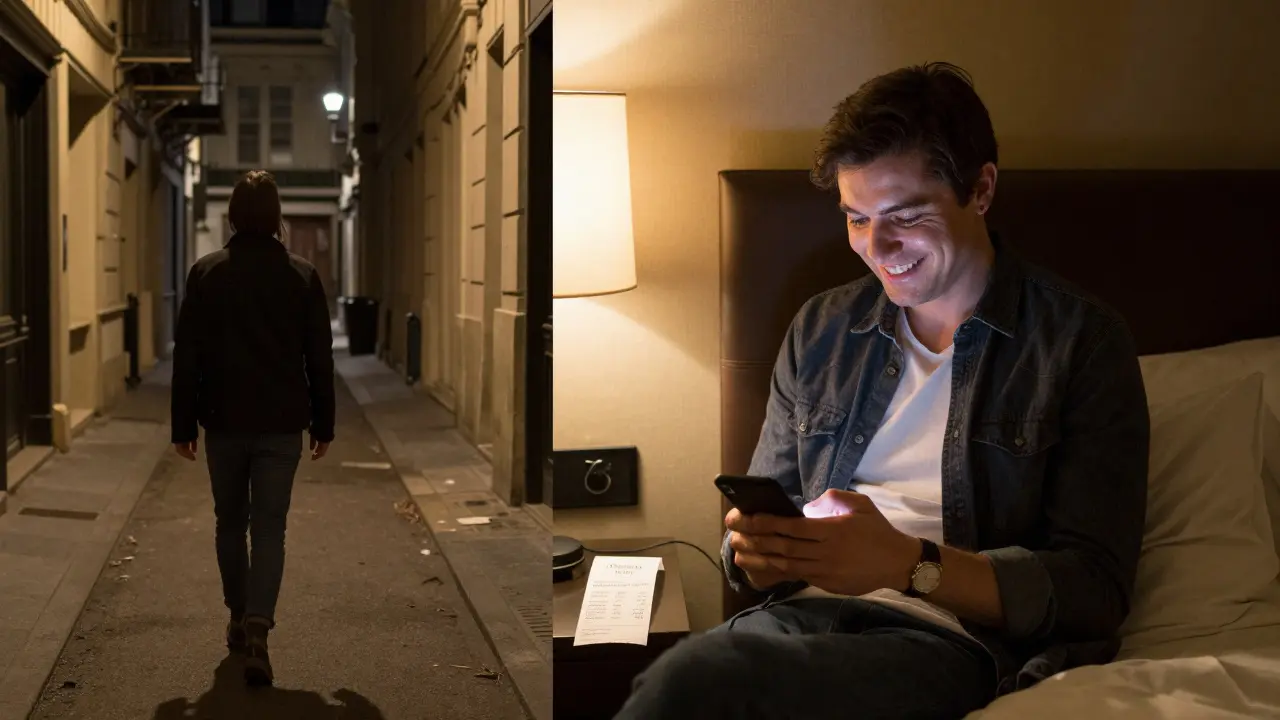 Split image: dark alley vs. warm hotel room — contrasting myths and reality of escort services in London.