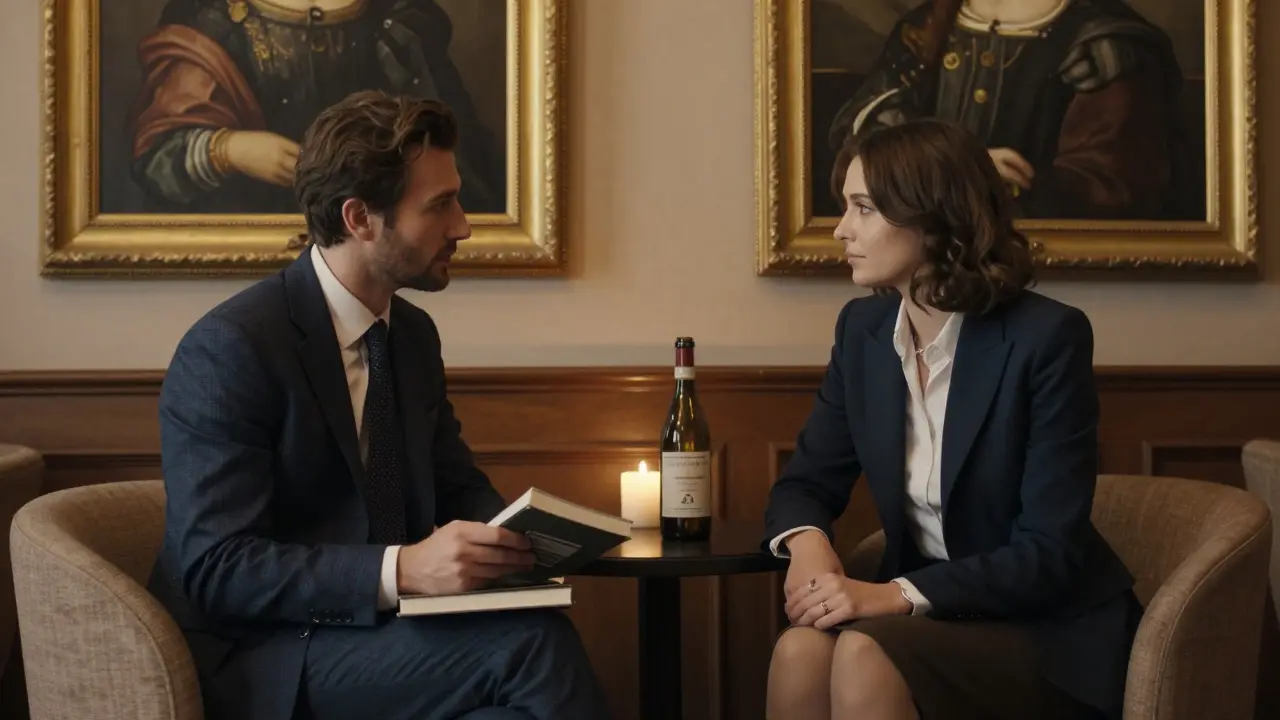 Two elegantly dressed individuals share a quiet evening in a Brera lounge, surrounded by Renaissance art and candlelight.