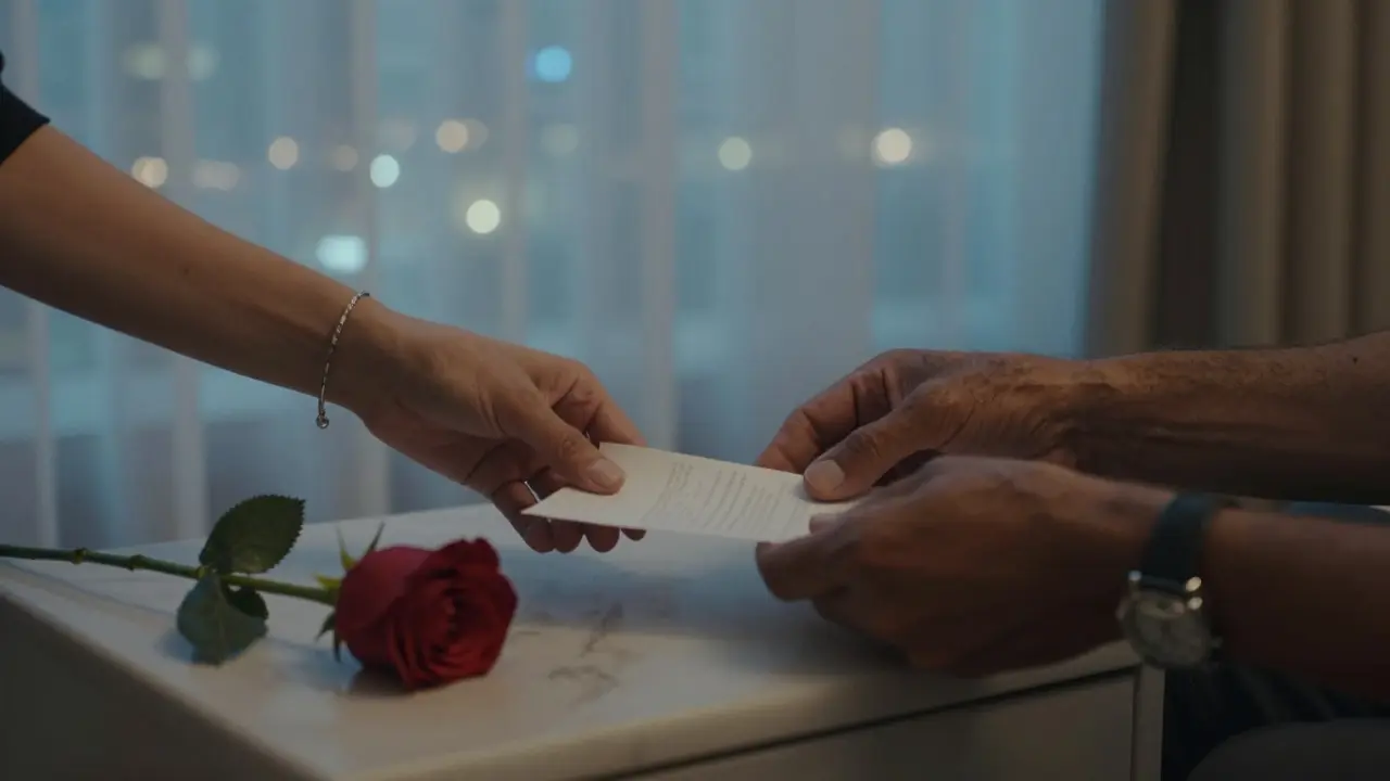 Two hands rest near a rose and folded note on a marble nightstand, symbolizing quiet connection and respect in a Dubai hotel room.
