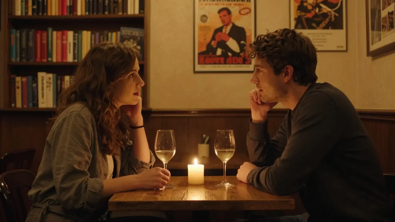 Two people share a quiet moment in a cozy Berlin café, candlelight illuminating their conversation.