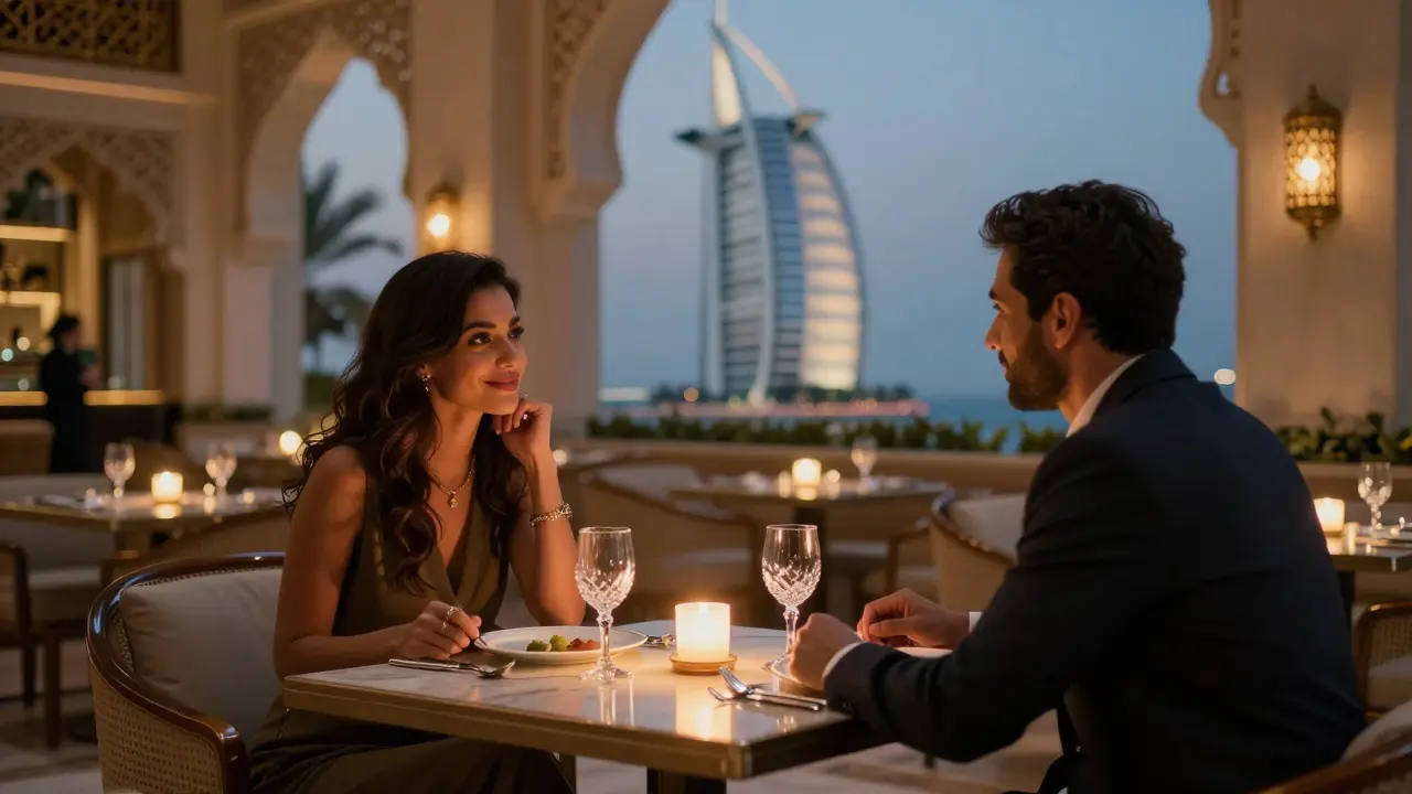 Two people sharing an elegant dinner in a private hotel lounge, exuding refined companionship.
