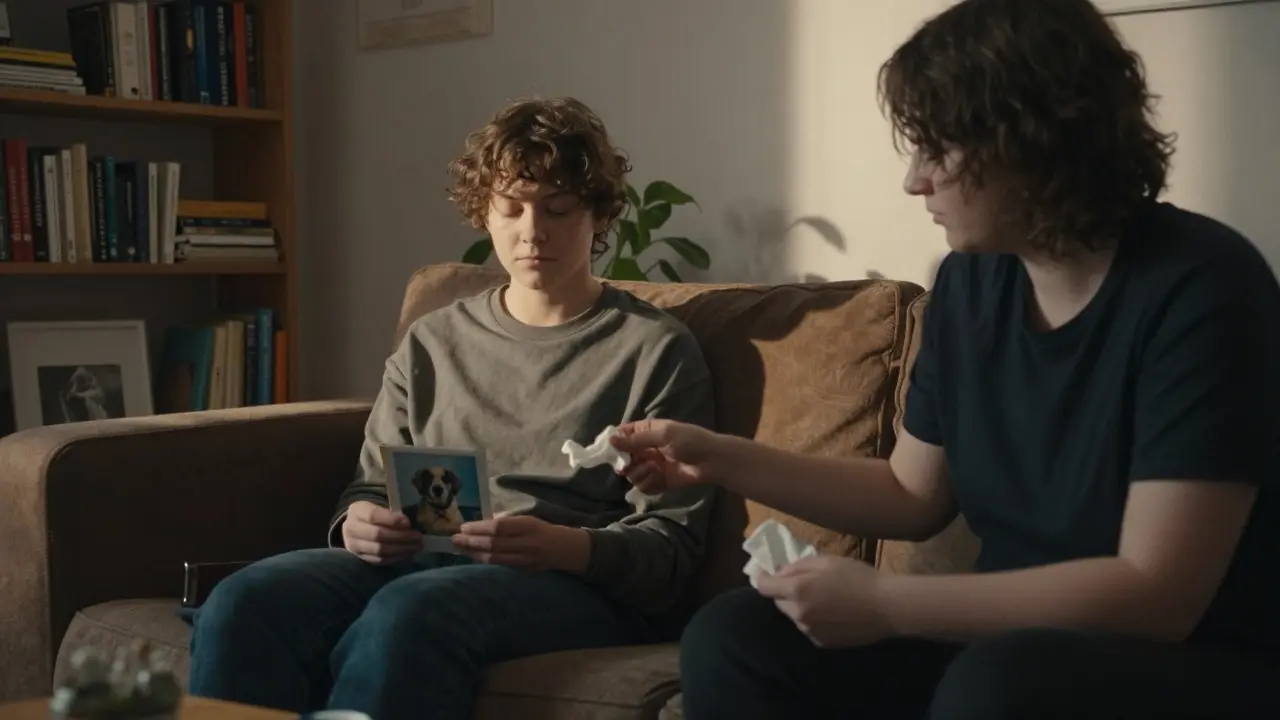Two people sitting silently in a cozy Berlin apartment, one holding a photo, the other offering quiet support without words.