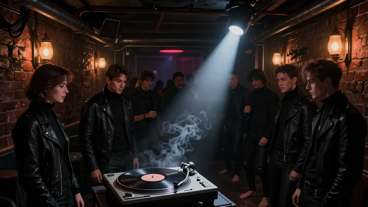 Underground club with brick walls and crowd dancing to deep house music in dim lighting.