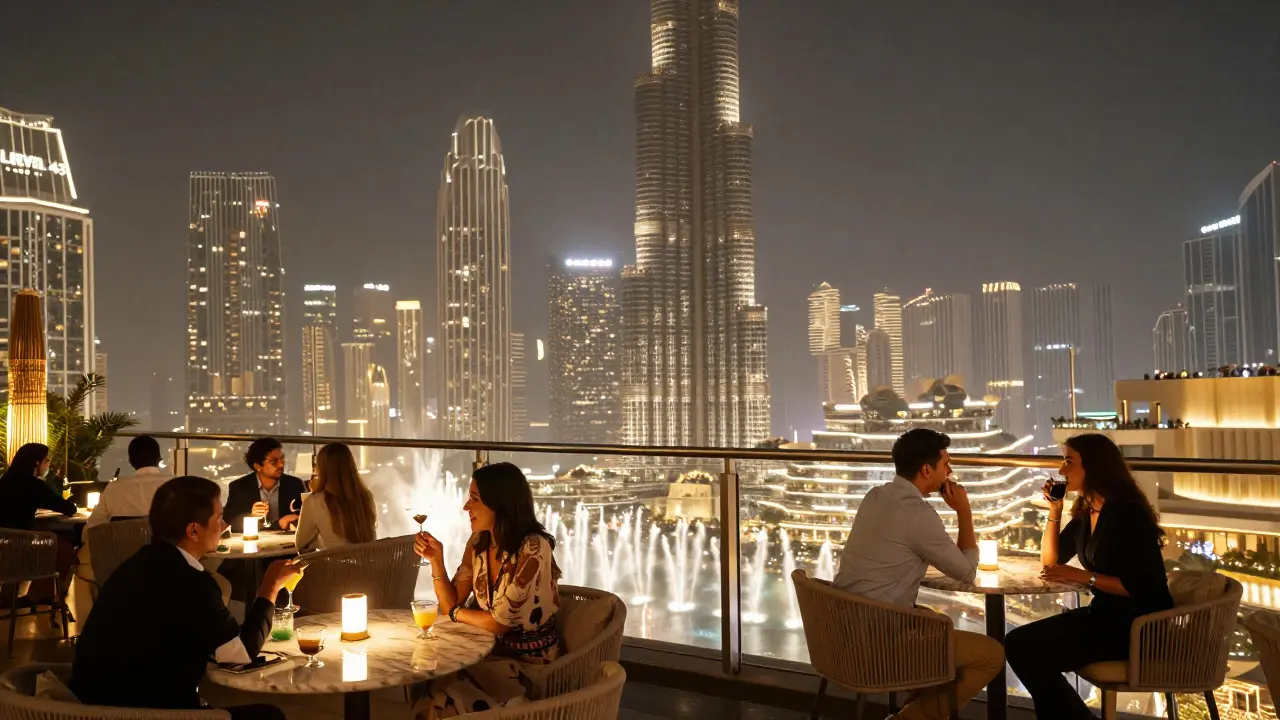 Upscale rooftop lounge with panoramic views of Burj Khalifa and Dubai Fountain, guests sipping cocktails at night.