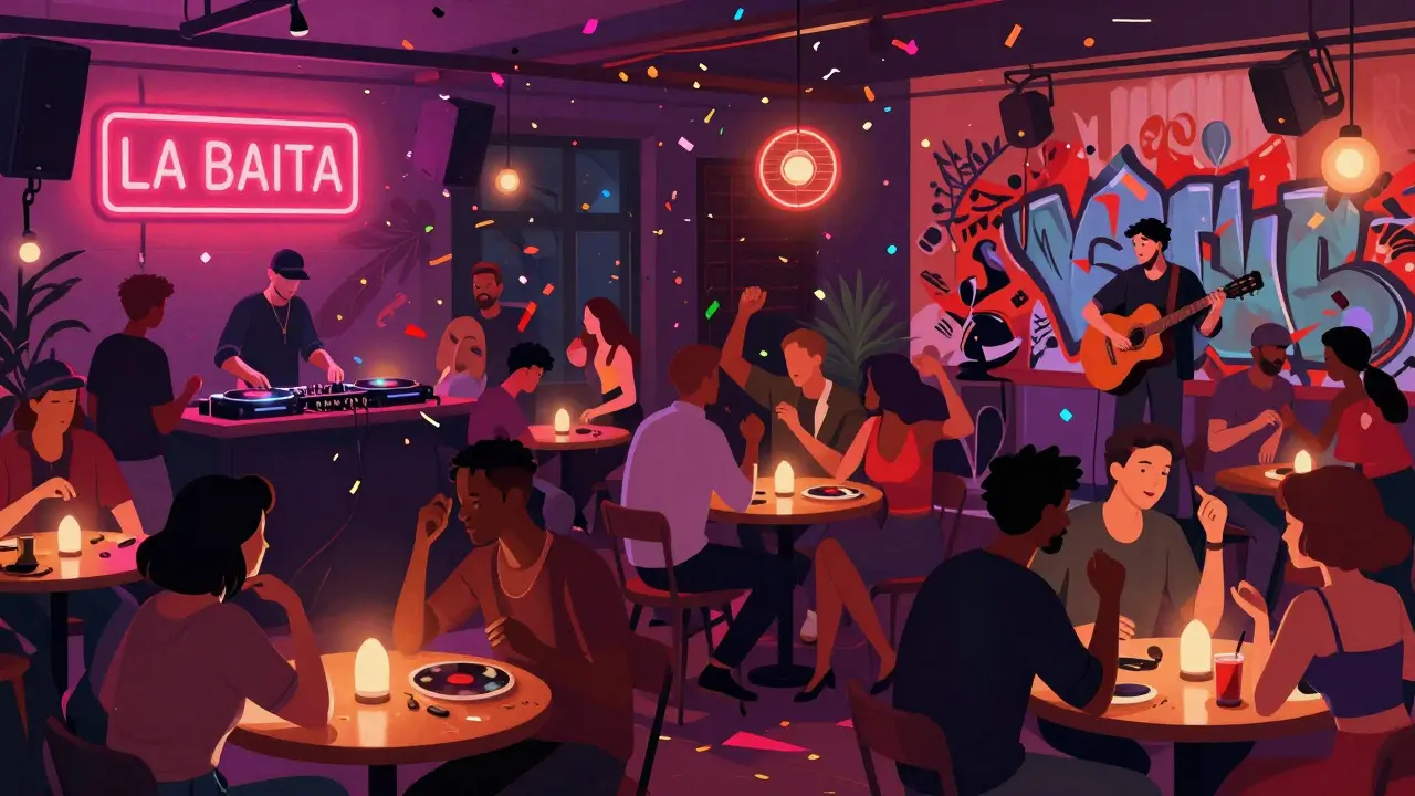 Vibrant crowd dancing at La Baita bar with neon lights, live music, and confetti in the air.