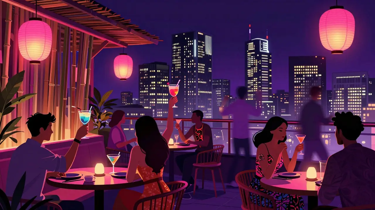 Vibrant rooftop terrace with neon lights and skyline views, people enjoying colorful cocktails.