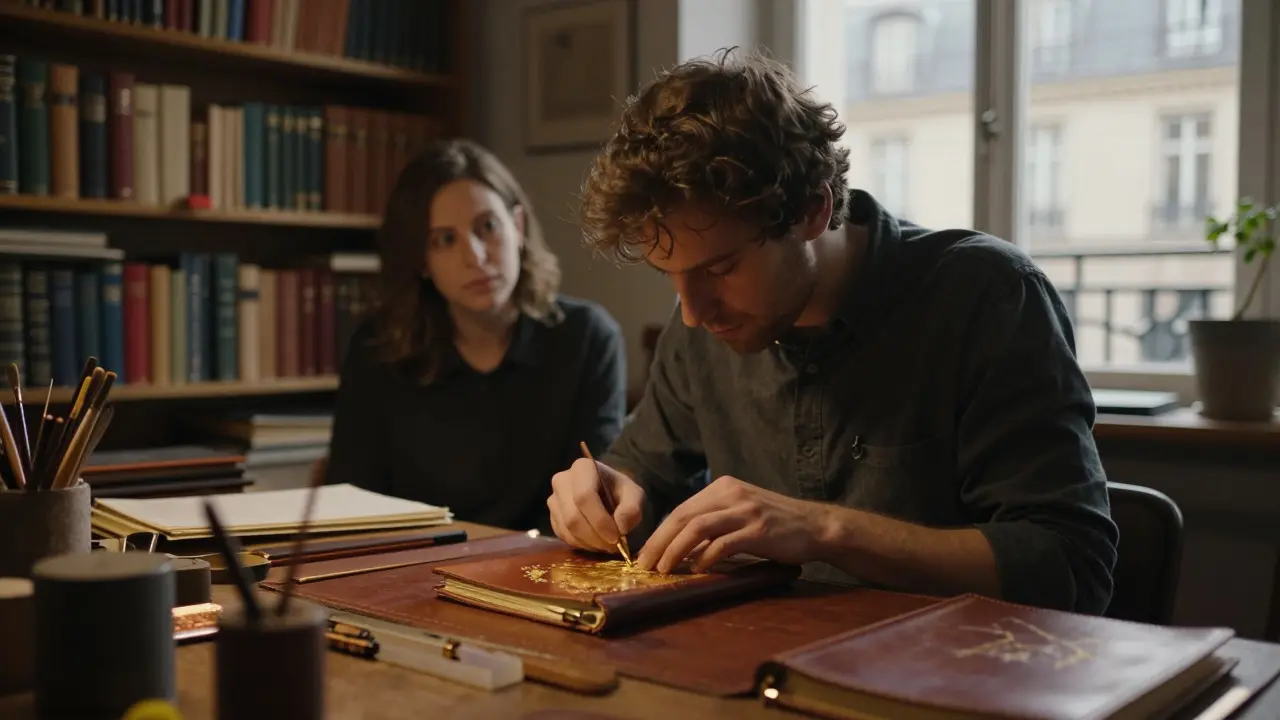 A bookbinder at work in a quiet Parisian atelier, crafting a leather journal with gold leaf under warm morning light.