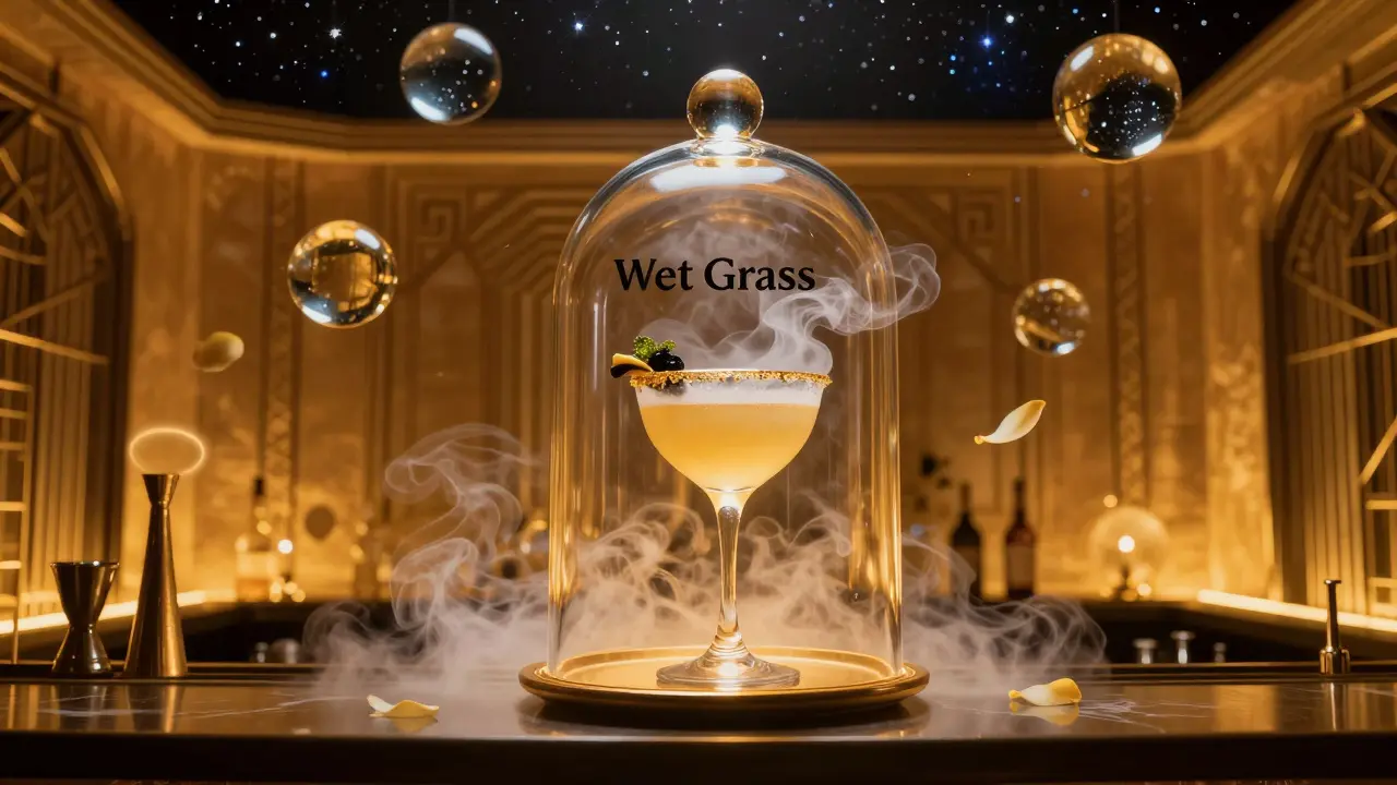 A cocktail served under a smoky cloche in a glowing amber bar with starry ceiling and floating glass orbs.