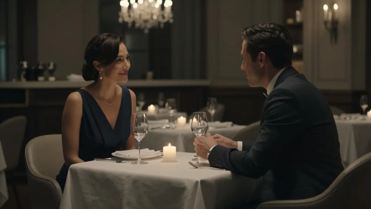 A couple dines in private at a high-end restaurant after hours, candlelight casting soft shadows.