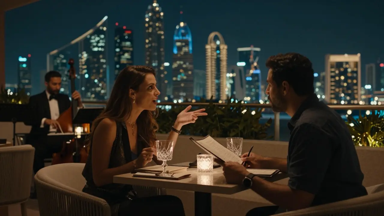 A couple enjoying jazz music at a rooftop lounge in Jumeirah with Dubai's skyline in the background.