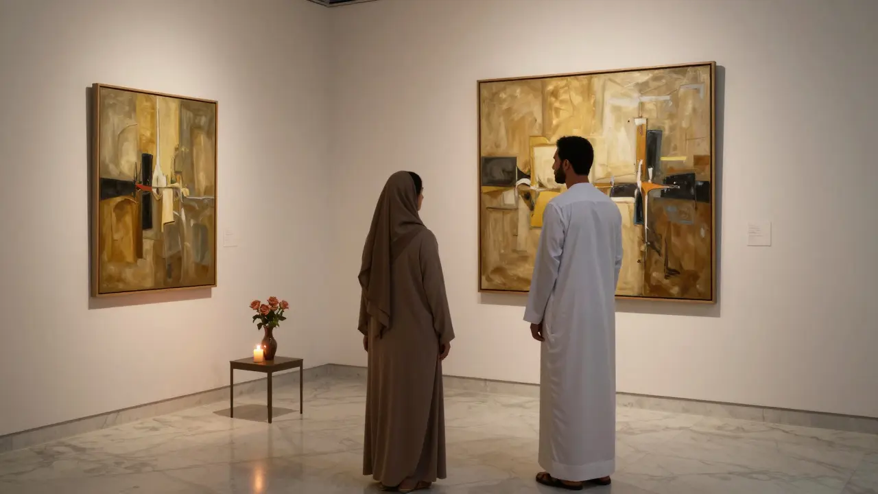 A couple in modest attire quietly viewing art in a private gallery, candlelight reflecting off marble floors.
