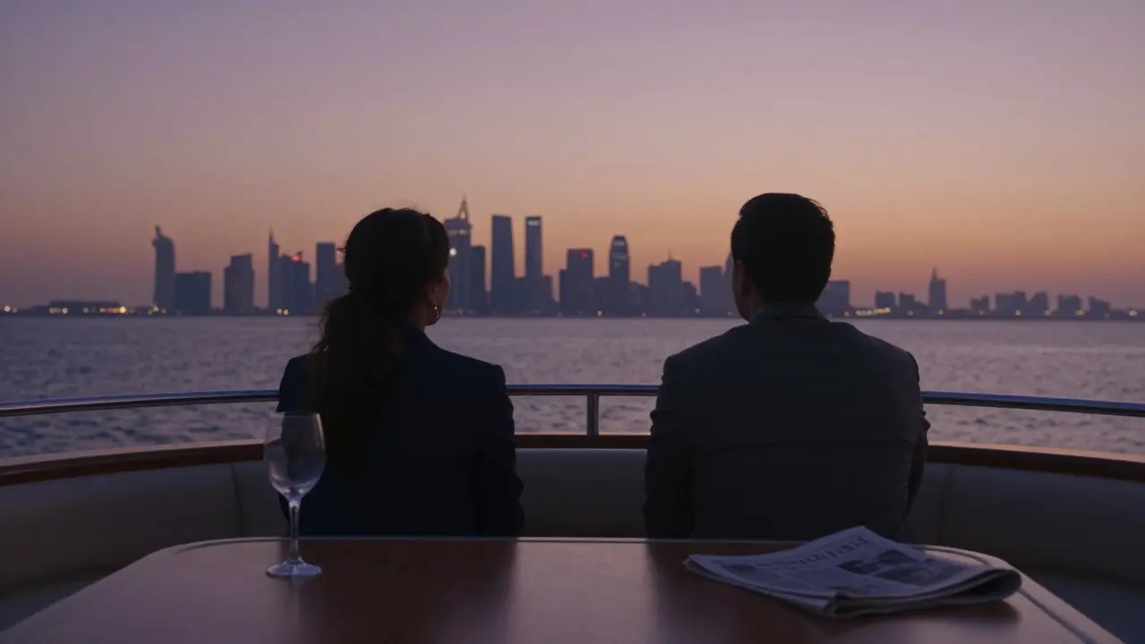 A couple on a private yacht at sunset shares silent companionship against a glowing Abu Dhabi skyline.