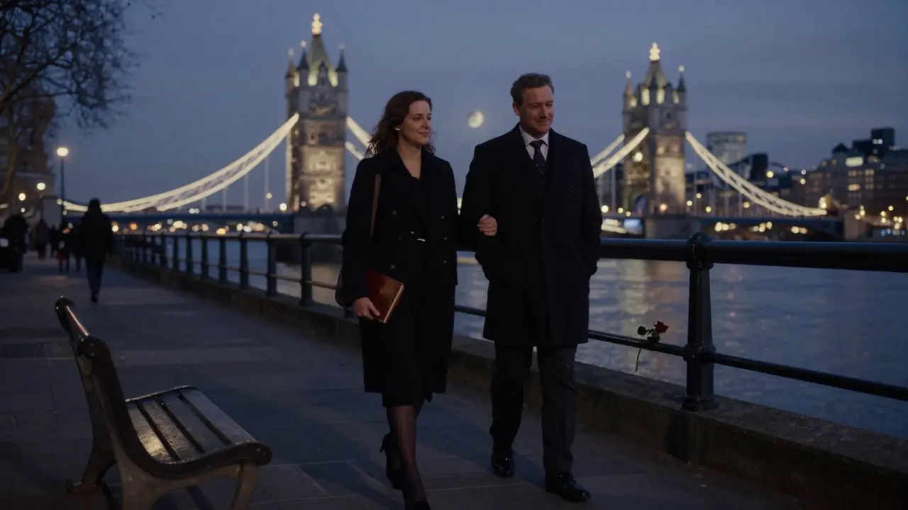 A couple walking along the Thames at dusk, bathed in moonlight and city glow.