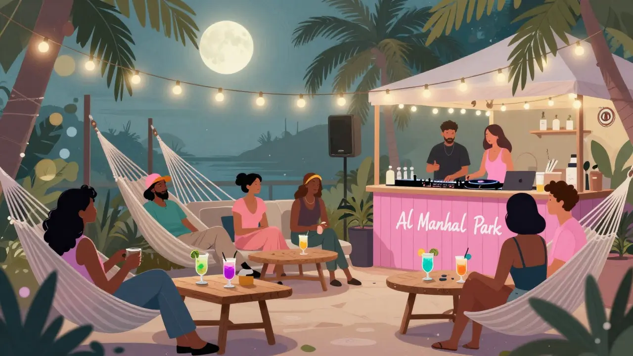 A cozy outdoor pop-up bar under fairy lights with diverse friends relaxing on hammocks and sipping cocktails.