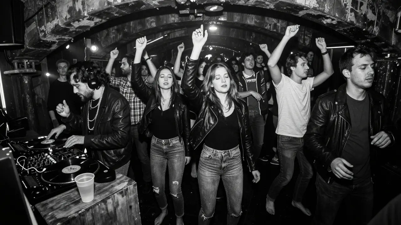 A crowded underground club with a DJ spinning vinyl, people dancing in dim strobe light with no decor or signs.