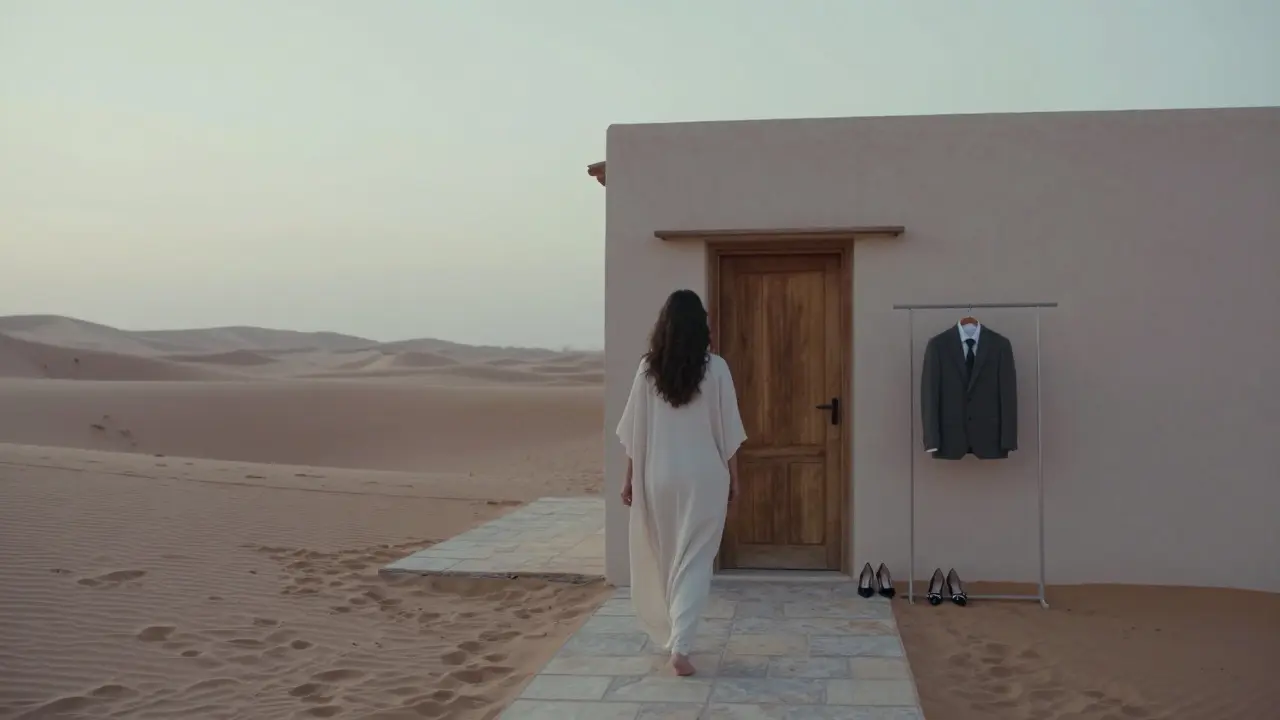 A desert villa at dawn reveals only traces of a discreet encounter—clothing left behind, no people present.