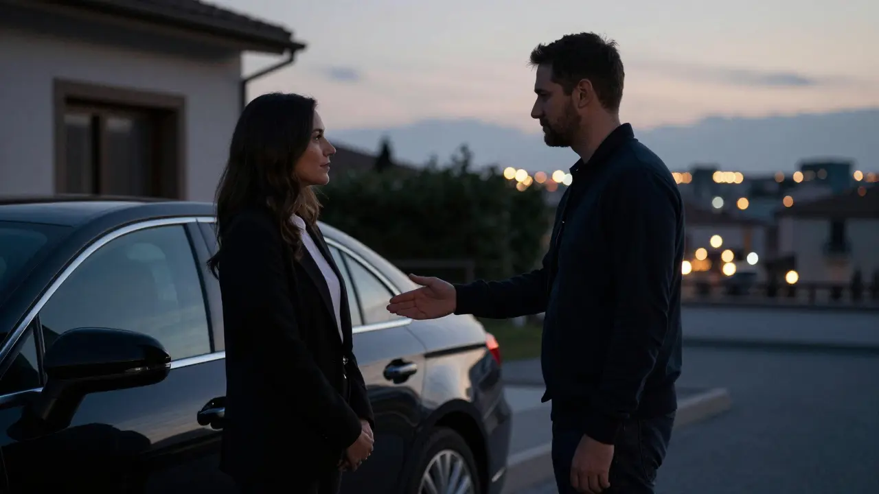 A discreet encounter in Porta Romana at dusk, with no physical contact, emphasizing privacy and safety.