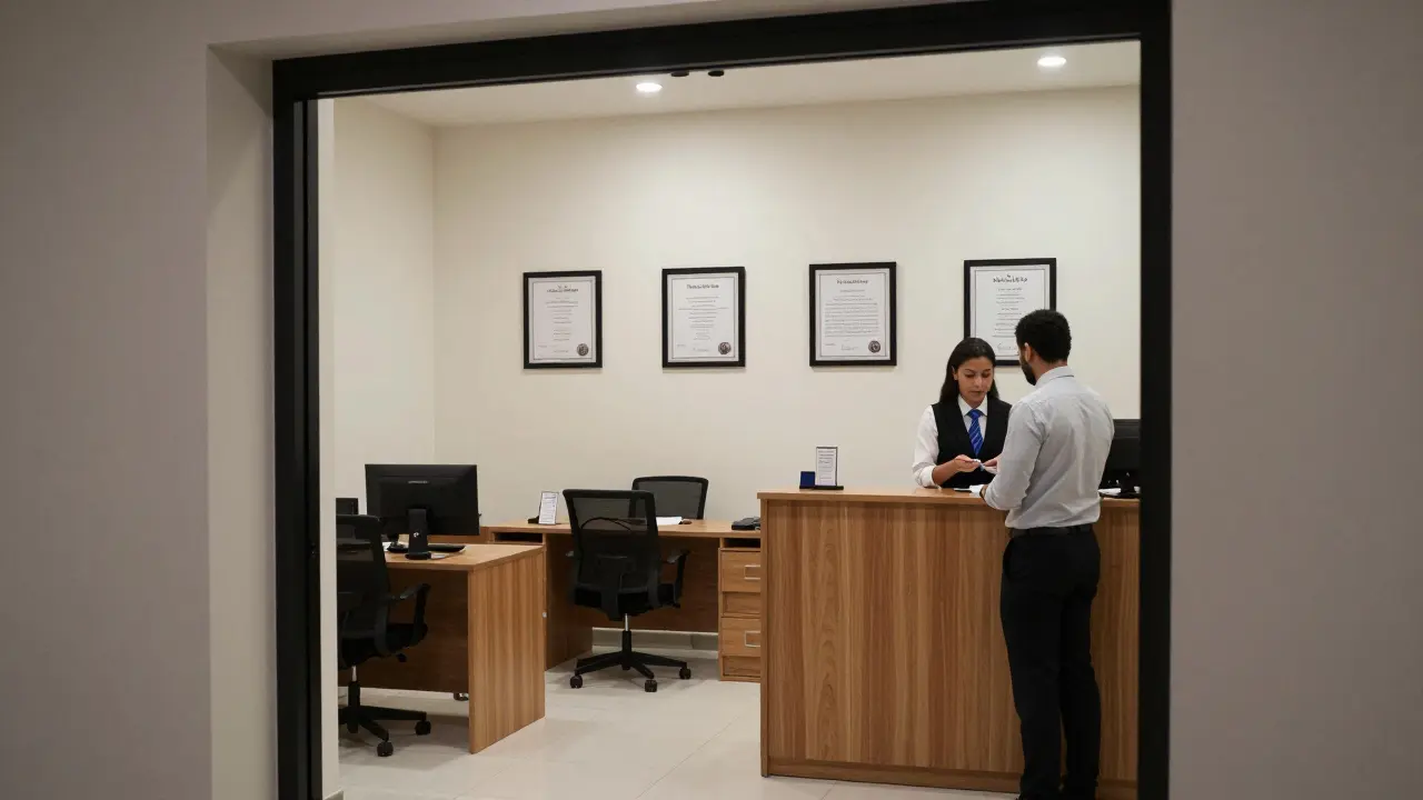 A discreet luxury companion agency office with professional signage and ID verification taking place.