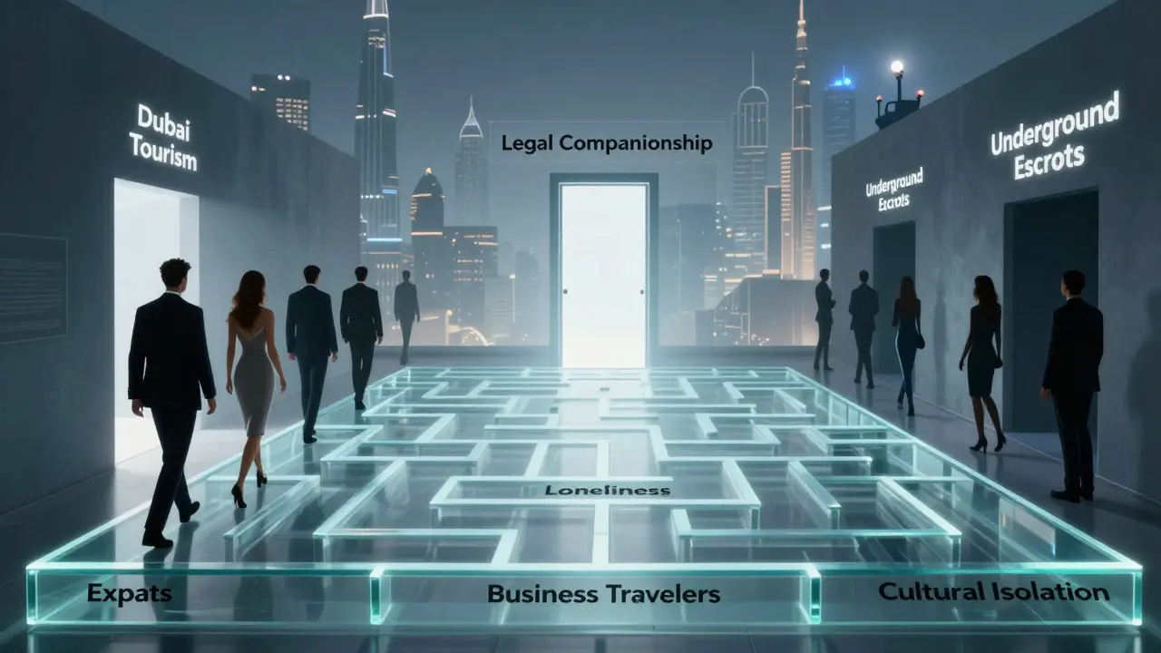 A glass maze leads from isolation to legal companionship, with underground paths fading into shadow.