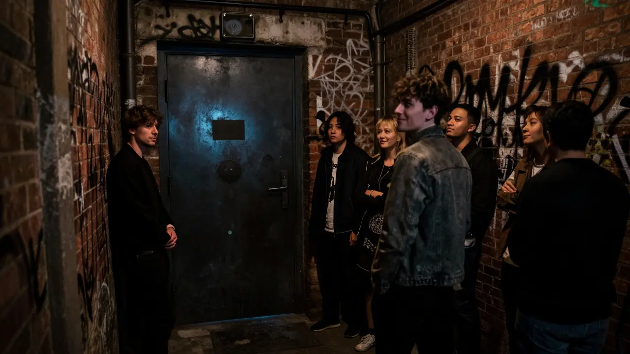 A hidden doorway to Rumore club in Isola, bathed in blacklight, with a quiet crowd waiting to enter at midnight.