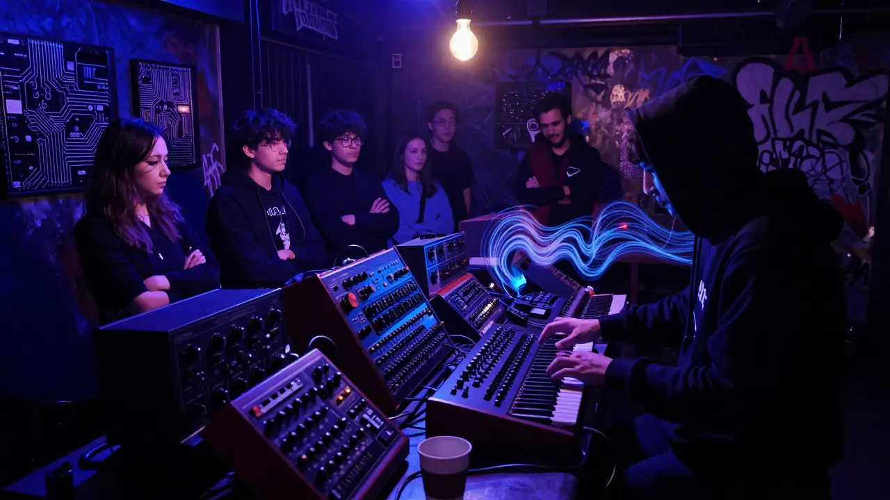 A hidden underground sound lab with synthesizers glowing in dim blue light, artists observing as soundwaves ripple through the air.