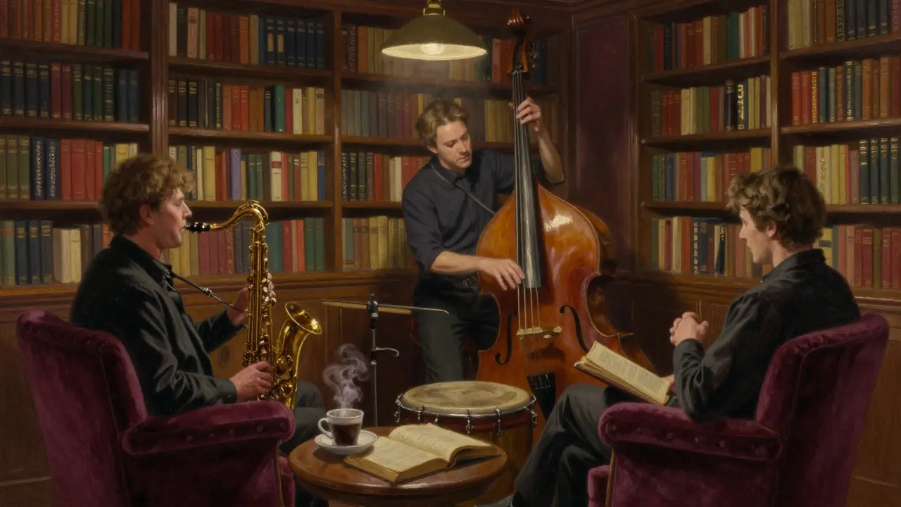 A jazz trio playing in a bookshop at night, patrons listening quietly among shelves of old books.