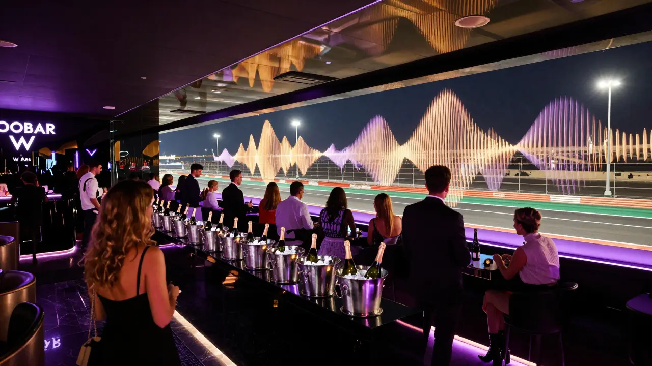A luxurious VIP lounge with glowing lights overlooking a racetrack, people celebrating with bottle service.