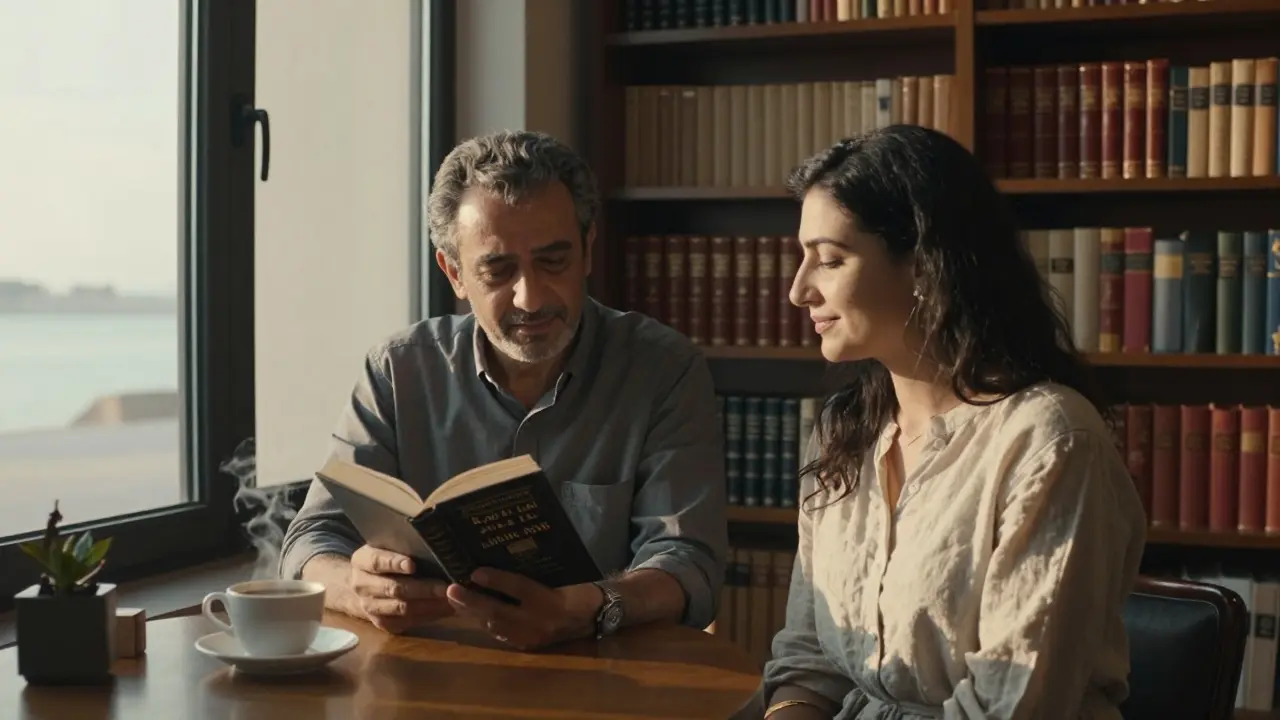 A man and woman sharing a quiet moment in a hidden bookstore, holding a book of poetry under soft sunlight.