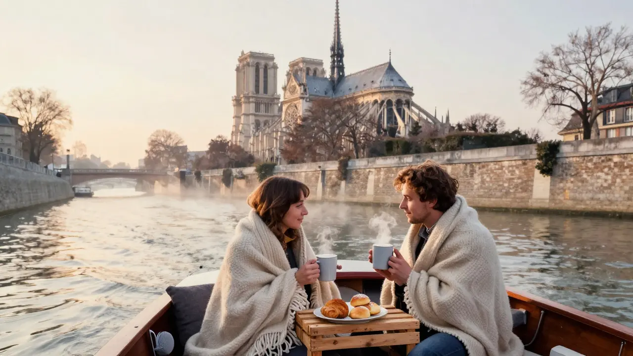 A private boat on the Seine at sunrise, two people wrapped in a blanket enjoying pastries as Notre-Dame glows in the dawn light.