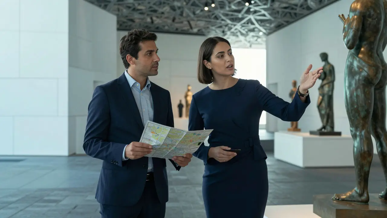 A professional companion guiding a client through Louvre Abu Dhabi, engaged in cultural discussion.