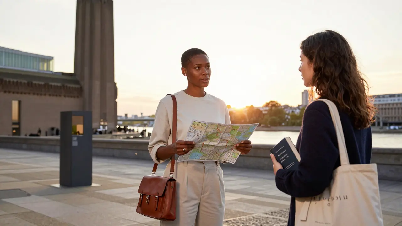 A professional companion guiding a client through the Tate Modern, surrounded by modern art and city views.