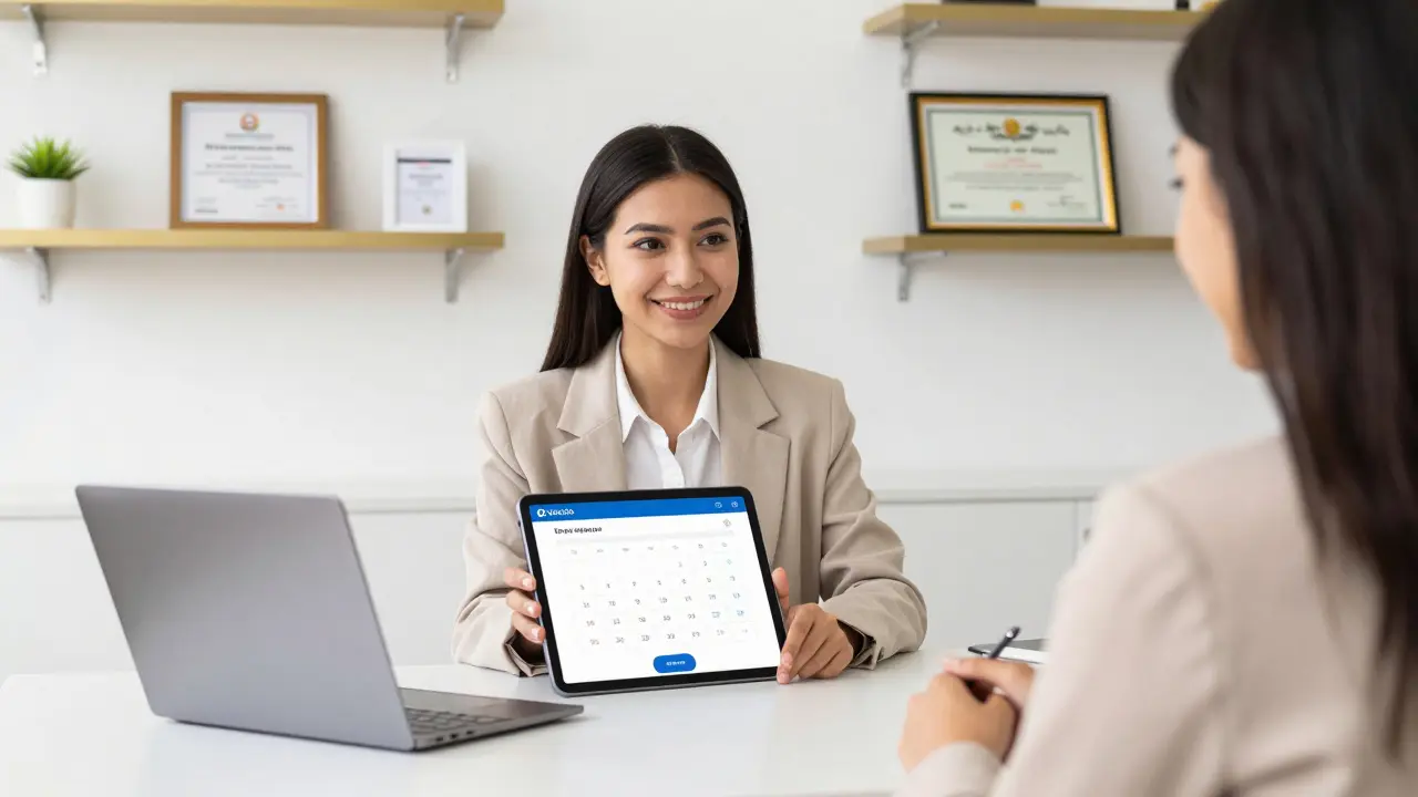 A professional escort service representative showing verified client information on a tablet.