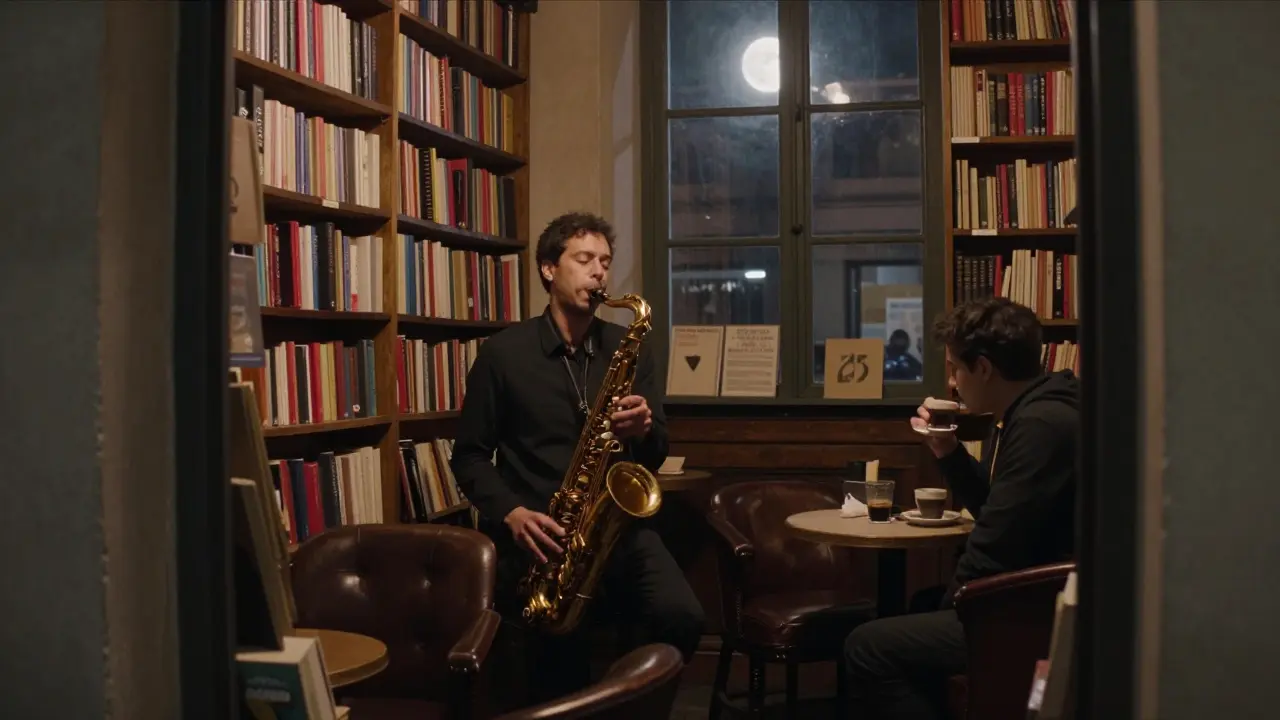 A quiet jazz lounge behind a bookstore in Milan, a saxophonist playing under soft lamplight as a lone listener sits nearby.