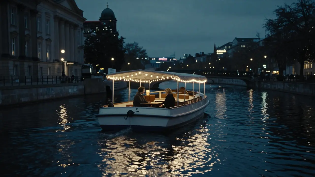 A quiet midnight boat ride on the Landwehrkanal with city lights reflecting on the water.