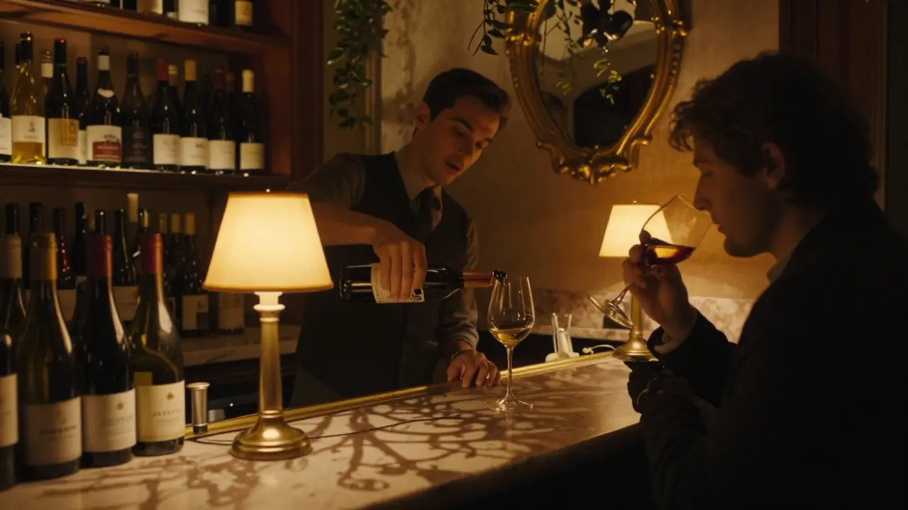 A quiet wine bar with glowing bottles and a bartender pouring red wine in warm amber light.