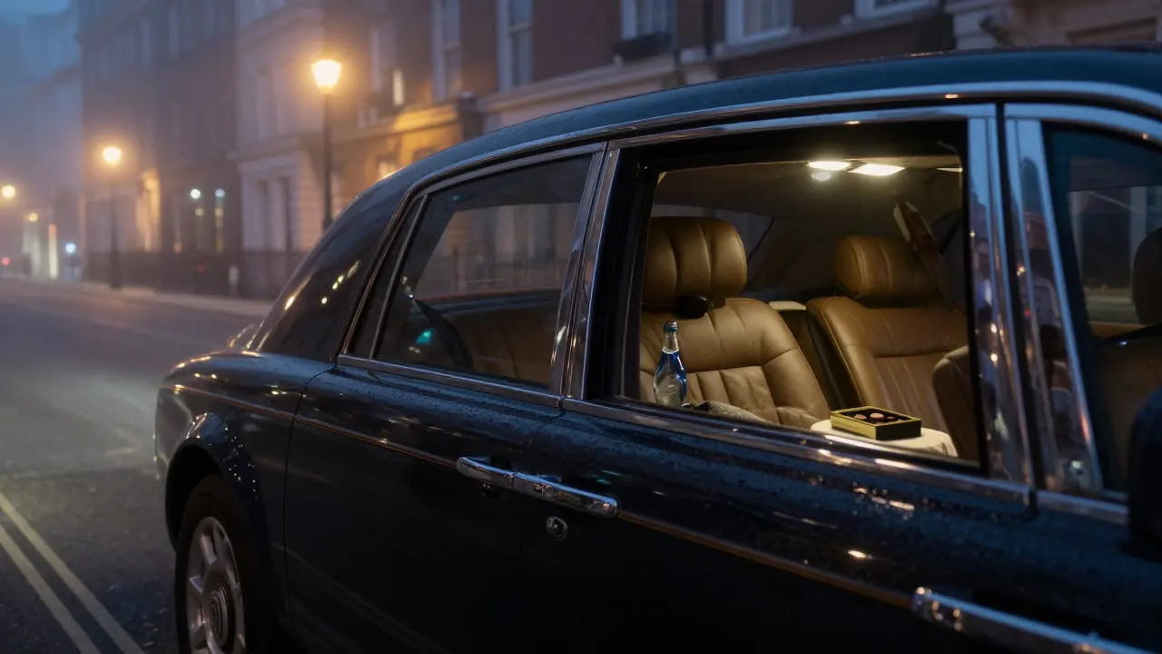 A sleek black Rolls-Royce Phantom drives through nighttime London, tinted windows hiding a serene interior with blankets and chocolates.
