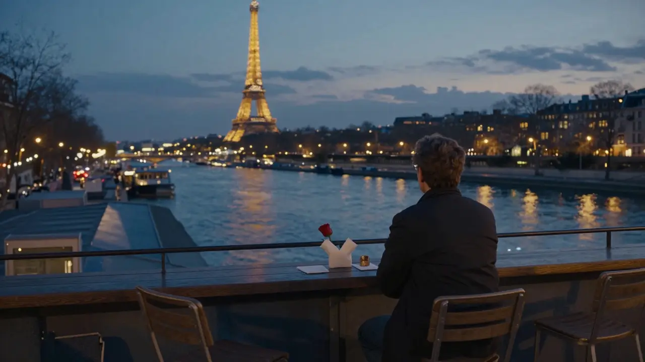 A solitary figure on a Paris rooftop at dusk, gazing at the Seine with an empty chair and a rose nearby.