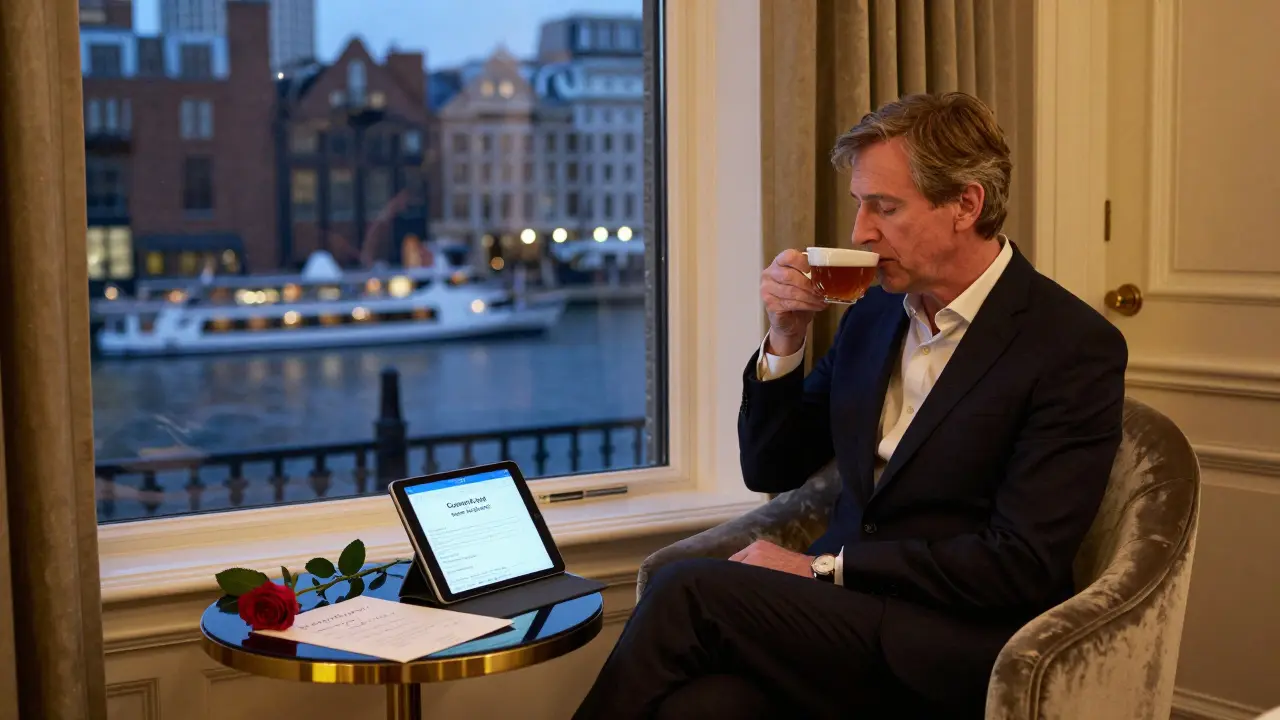 A solitary guest in a Mayfair hotel suite with a handwritten note and rose, hinting at a meaningful companionship experience.