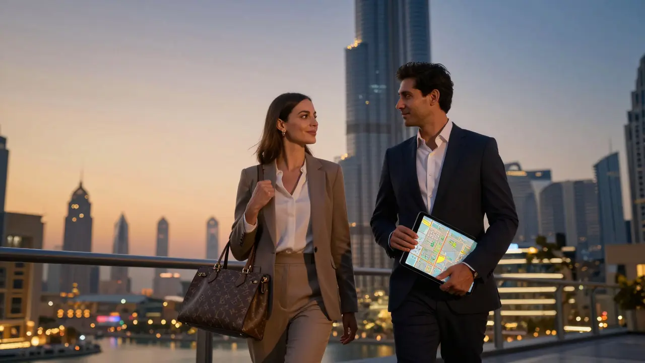 A sophisticated woman and man walking together at sunset near Burj Khalifa, engaged in quiet, respectful conversation.
