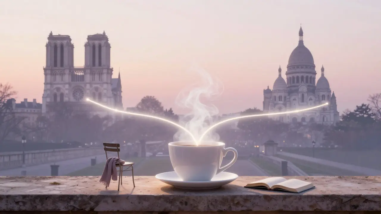 A transparent map of Paris rises from a coffee cup at dawn, empty chairs nearby symbolizing quiet companionship.