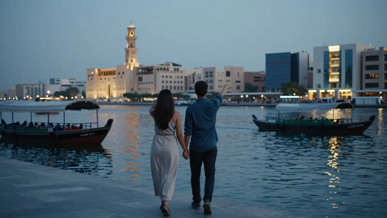 A traveler and companion walking along Dubai Creek at dusk, appreciating the city's blend of tradition and modernity.