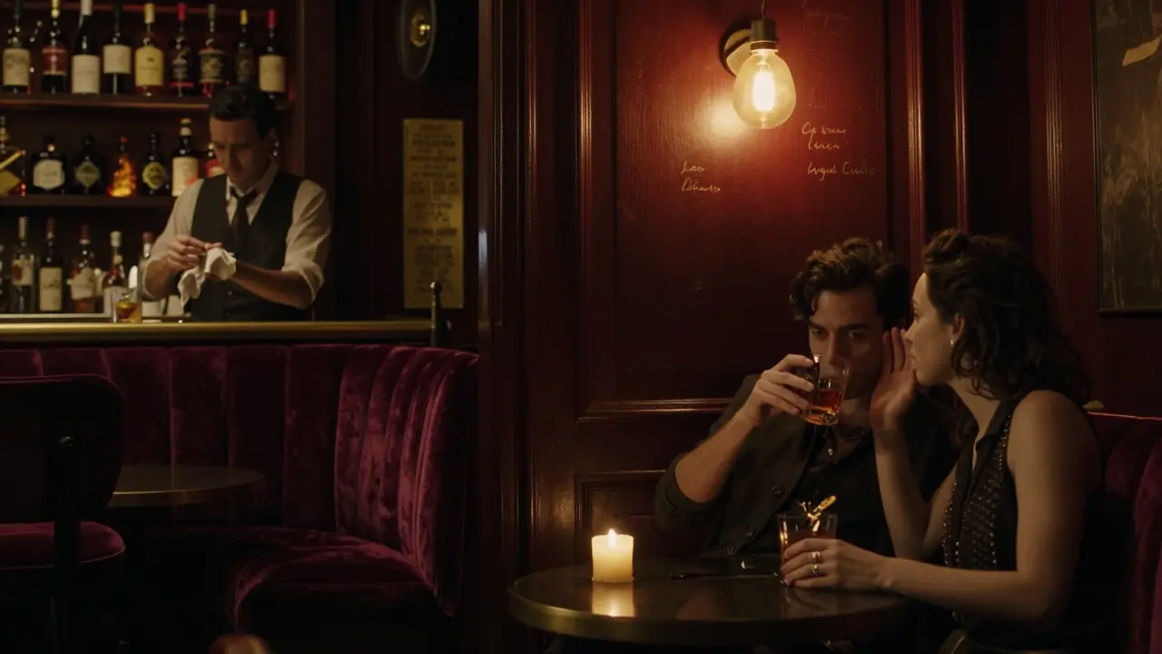 A traveler in a hidden Parisian speakeasy, being served a drink by a bartender as candlelight glows on wooden shelves.