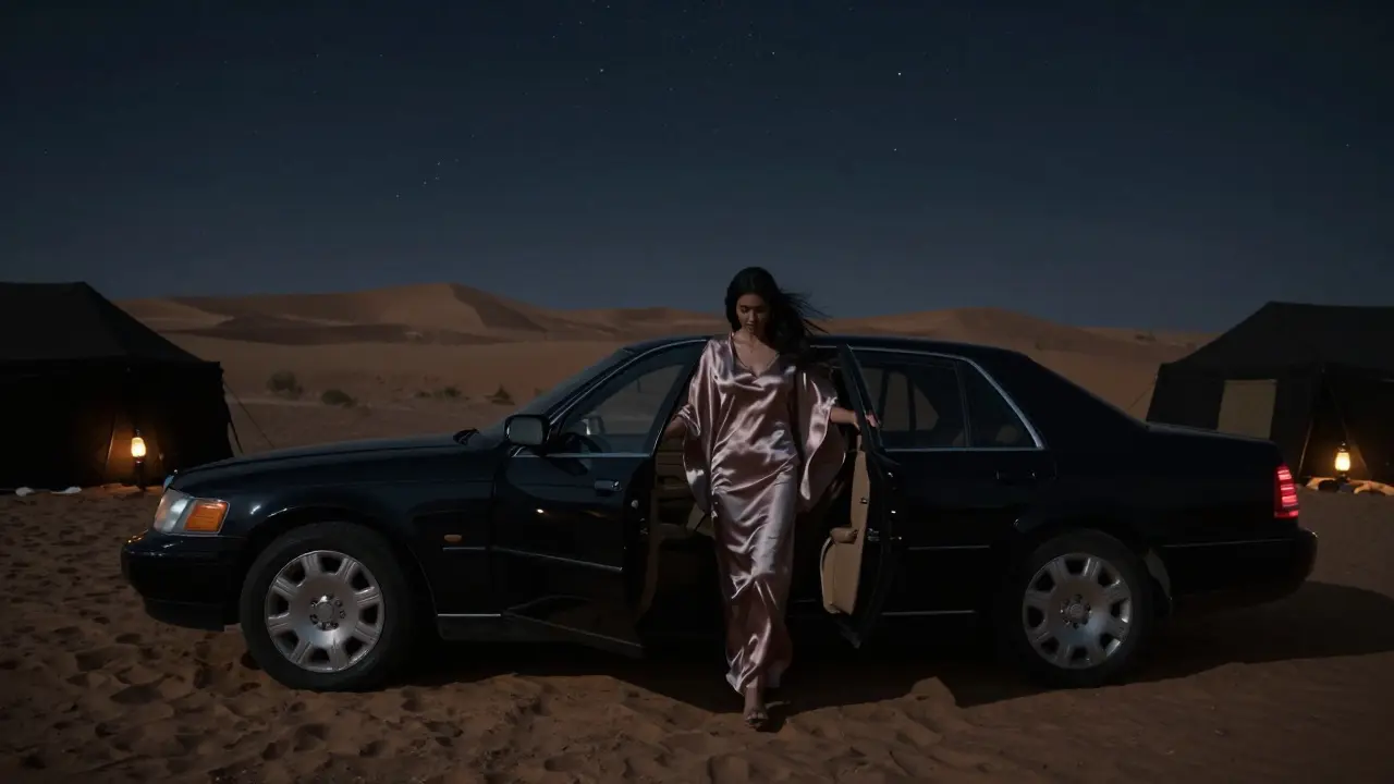 A woman arrives at a secluded desert camp under stars, embodying invisibility and refined privacy.